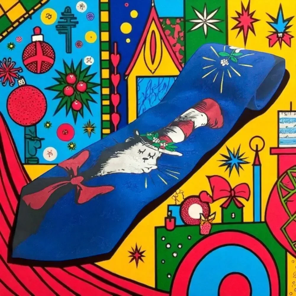 Dr. Seuss The Cat In The Hat Blue 100% Silk Christmas Mistletoe Necktie Tie